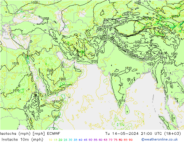 Isotachs (mph) ECMWF 星期二 14.05.2024 21 UTC