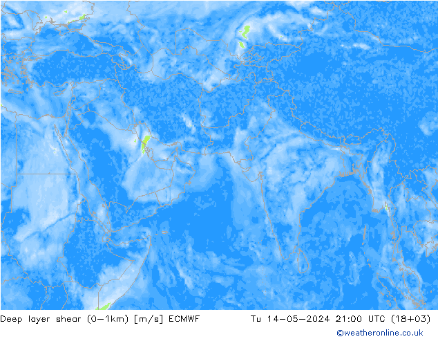 Deep layer shear (0-1km) ECMWF 星期二 14.05.2024 21 UTC