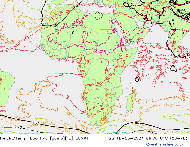 Géop./Temp. 850 hPa ECMWF sam 18.05.2024 06 UTC