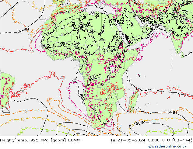 Height/Temp. 925 hPa ECMWF Tu 21.05.2024 00 UTC