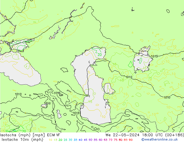 Isotachs (mph) ECMWF mer 22.05.2024 18 UTC
