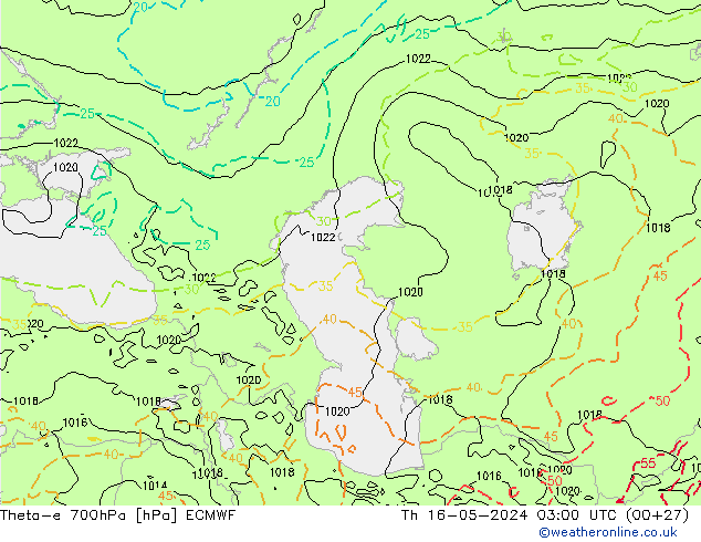 Theta-e 700hPa ECMWF czw. 16.05.2024 03 UTC