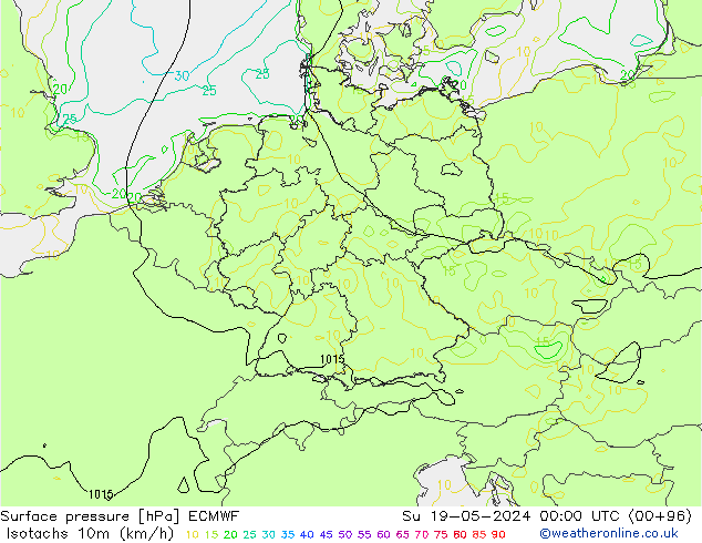 Isotachs (kph) ECMWF Ne 19.05.2024 00 UTC