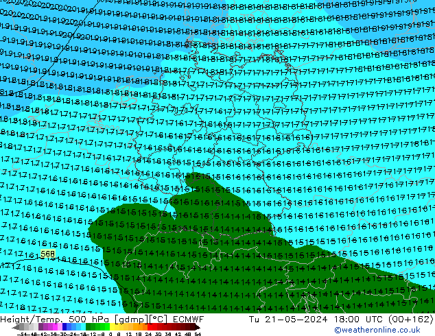 Z500/Rain (+SLP)/Z850 ECMWF вт 21.05.2024 18 UTC