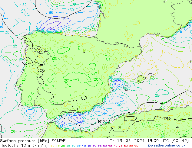 Isotachs (kph) ECMWF Th 16.05.2024 18 UTC