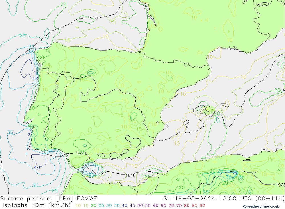 Isotachs (kph) ECMWF  19.05.2024 18 UTC