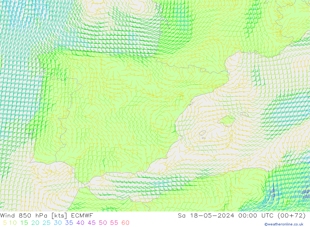 wiatr 850 hPa ECMWF so. 18.05.2024 00 UTC