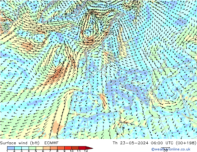 Surface wind (bft) ECMWF Th 23.05.2024 06 UTC