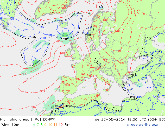 yüksek rüzgarlı alanlar ECMWF Çar 22.05.2024 18 UTC