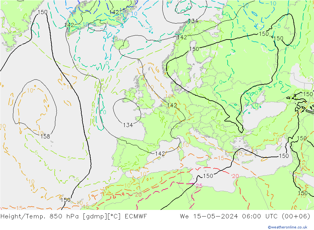 Geop./Temp. 850 hPa ECMWF mié 15.05.2024 06 UTC