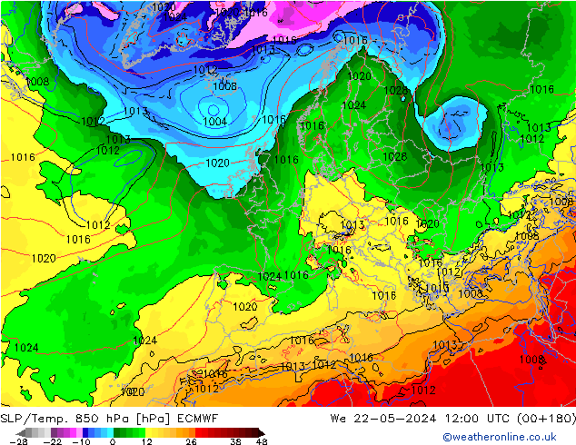 SLP/Temp. 850 hPa ECMWF Qua 22.05.2024 12 UTC