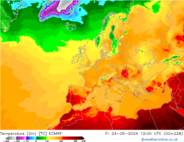 Temperatuurkaart (2m) ECMWF vr 24.05.2024 12 UTC