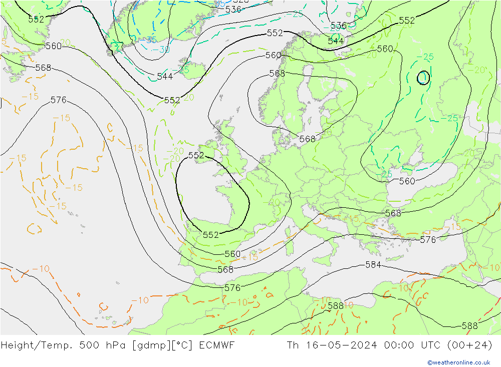Height/Temp. 500 гПа ECMWF чт 16.05.2024 00 UTC