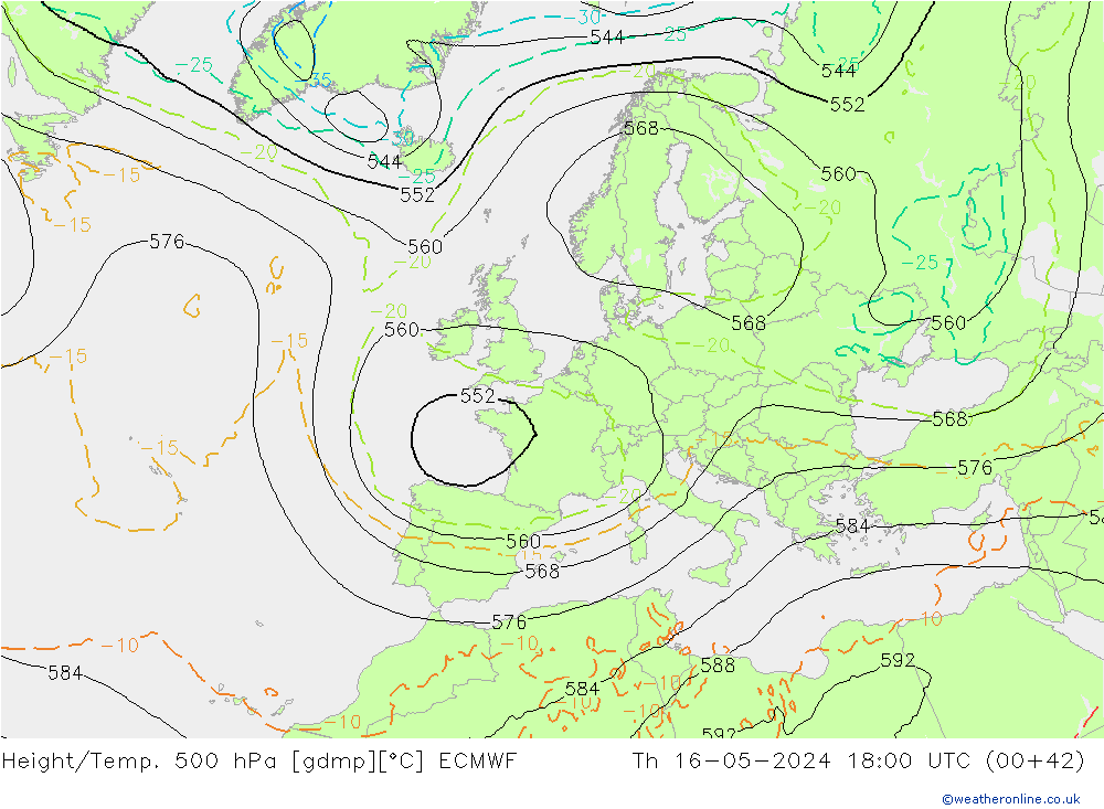 Height/Temp. 500 гПа ECMWF чт 16.05.2024 18 UTC