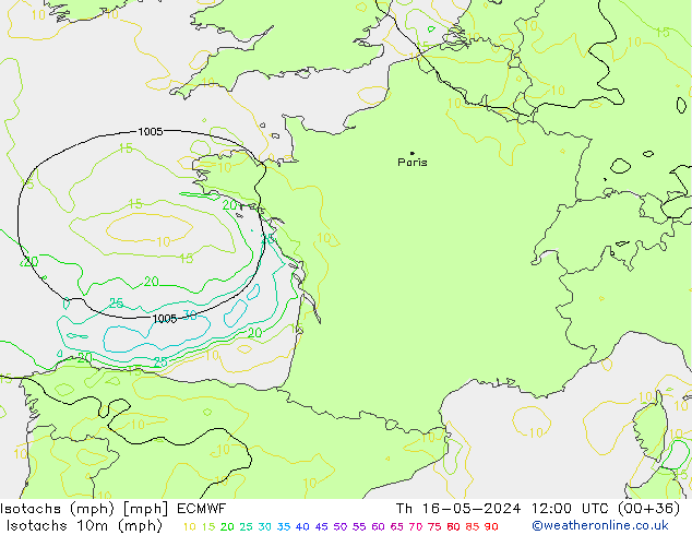 Isotachs (mph) ECMWF gio 16.05.2024 12 UTC