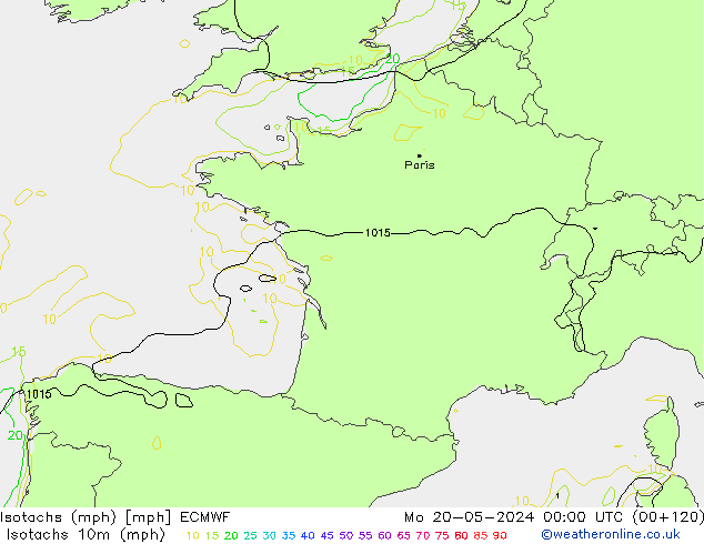 Isotachs (mph) ECMWF пн 20.05.2024 00 UTC