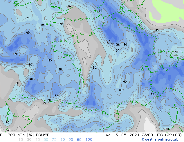 RH 700 hPa ECMWF We 15.05.2024 03 UTC