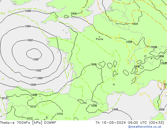 Theta-e 700hPa ECMWF czw. 16.05.2024 09 UTC