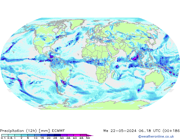 Totale neerslag (12h) ECMWF wo 22.05.2024 18 UTC