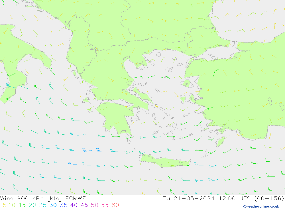Wind 900 hPa ECMWF Út 21.05.2024 12 UTC