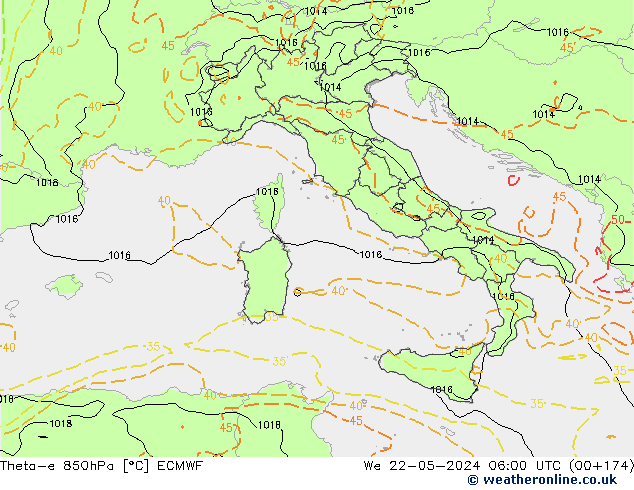 Theta-e 850hPa ECMWF mer 22.05.2024 06 UTC