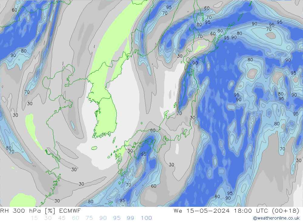 RH 300 hPa ECMWF mer 15.05.2024 18 UTC