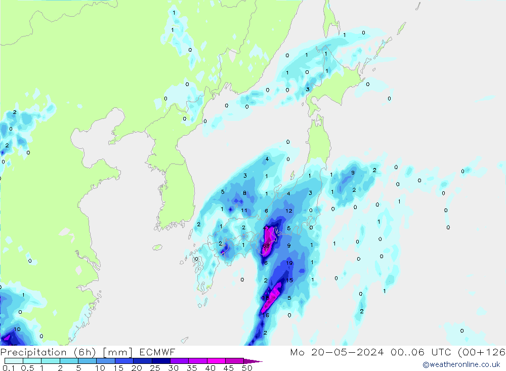 Totale neerslag (6h) ECMWF ma 20.05.2024 06 UTC