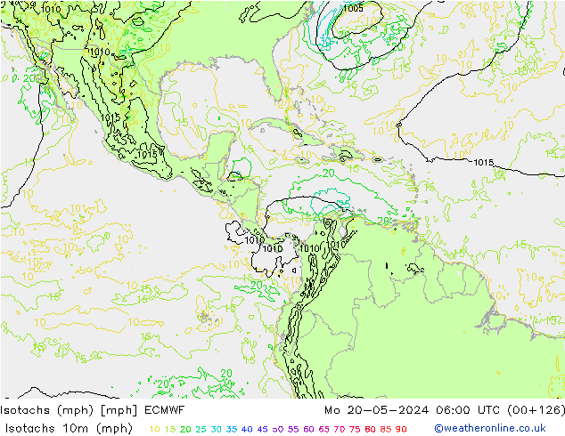 Izotacha (mph) ECMWF pon. 20.05.2024 06 UTC