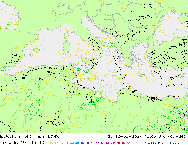 Isotachs (mph) ECMWF sab 18.05.2024 12 UTC