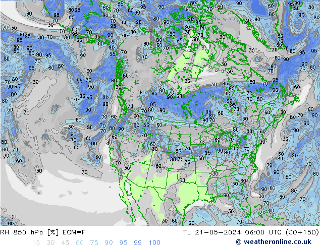 RH 850 hPa ECMWF Ter 21.05.2024 06 UTC