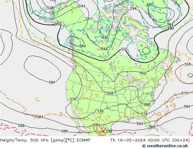Z500/Rain (+SLP)/Z850 ECMWF 星期四 16.05.2024 00 UTC