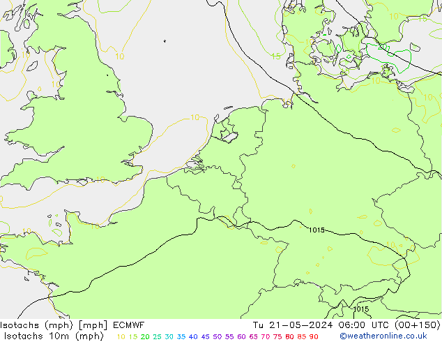 Isotachs (mph) ECMWF Tu 21.05.2024 06 UTC