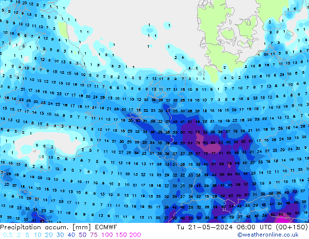 Precipitation accum. ECMWF mar 21.05.2024 06 UTC