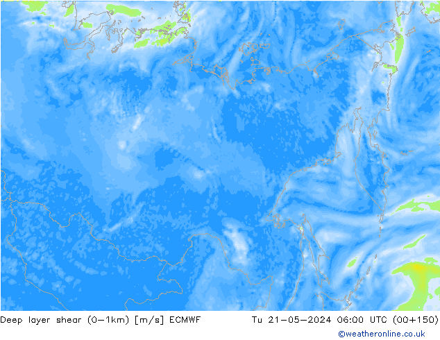 Deep layer shear (0-1km) ECMWF Tu 21.05.2024 06 UTC