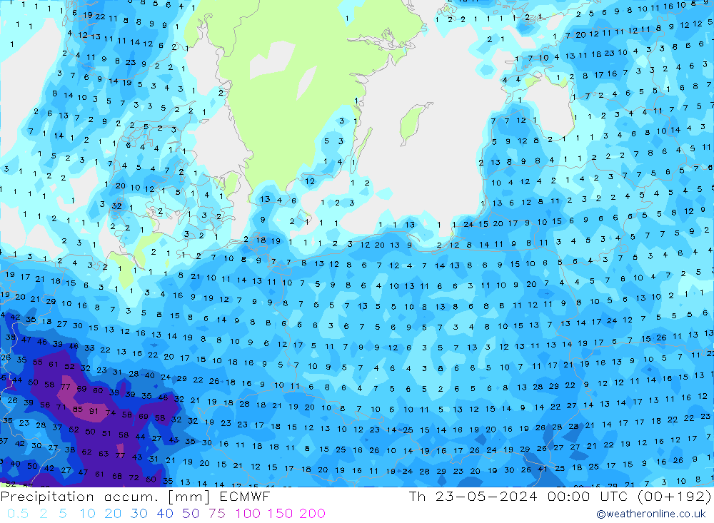 Precipitation accum. ECMWF чт 23.05.2024 00 UTC