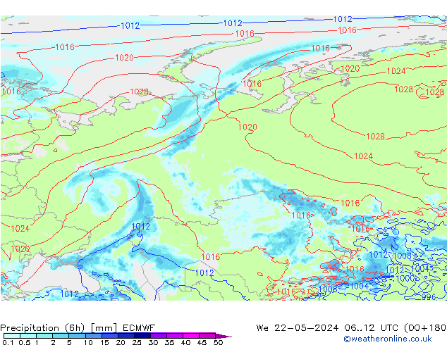 Totale neerslag (6h) ECMWF wo 22.05.2024 12 UTC