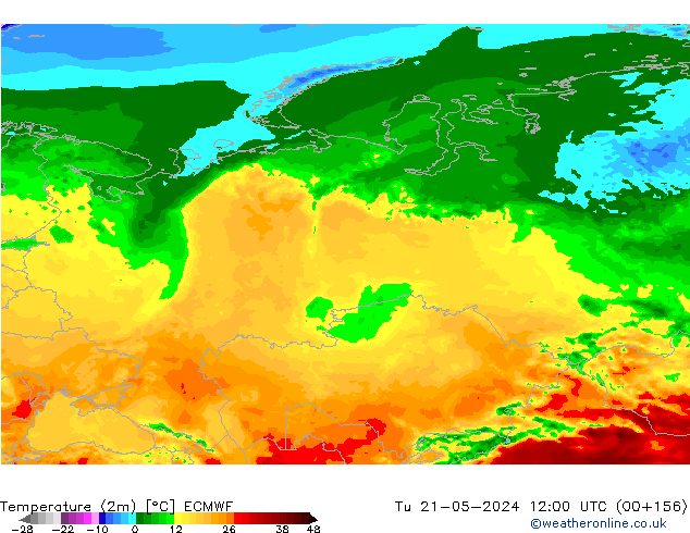 mapa temperatury (2m) ECMWF wto. 21.05.2024 12 UTC