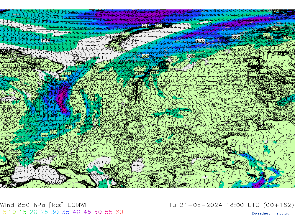 Wind 850 hPa ECMWF Tu 21.05.2024 18 UTC