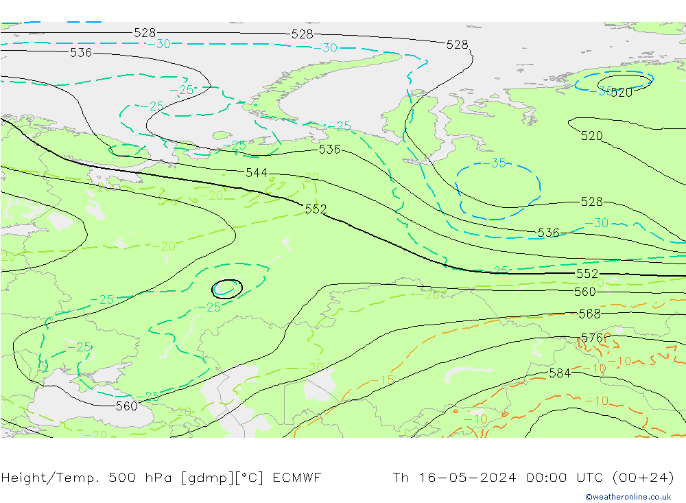 Height/Temp. 500 hPa ECMWF gio 16.05.2024 00 UTC