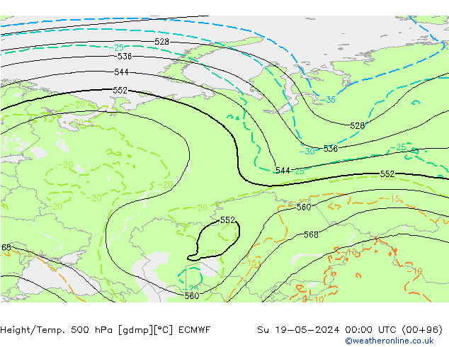 Height/Temp. 500 hPa ECMWF nie. 19.05.2024 00 UTC