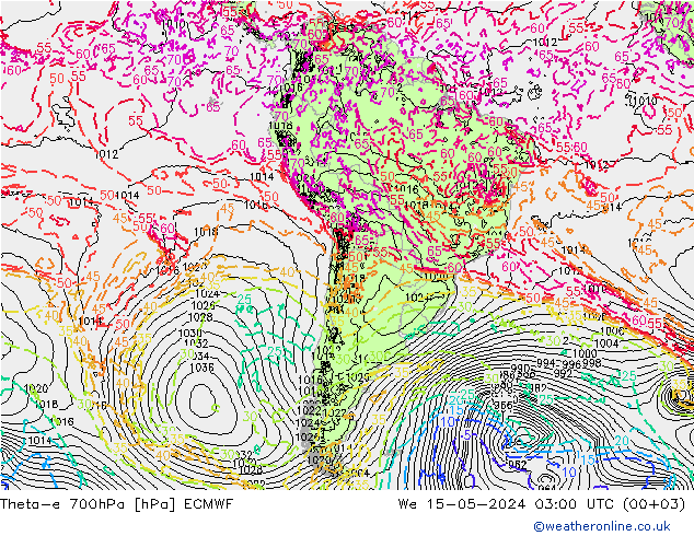 Theta-e 700hPa ECMWF Qua 15.05.2024 03 UTC