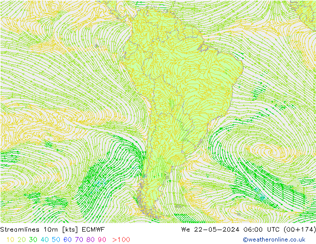 Stroomlijn 10m ECMWF wo 22.05.2024 06 UTC