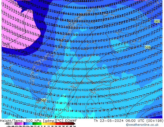 Z500/Rain (+SLP)/Z850 ECMWF Do 23.05.2024 06 UTC