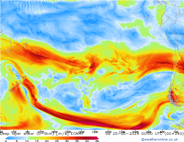 Deep layer shear (0-6km) ECMWF Sáb 25.05.2024 00 UTC
