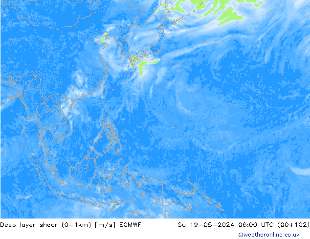 Deep layer shear (0-1km) ECMWF zo 19.05.2024 06 UTC