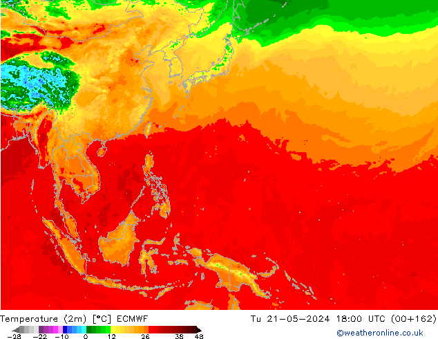 Temperature (2m) ECMWF Tu 21.05.2024 18 UTC