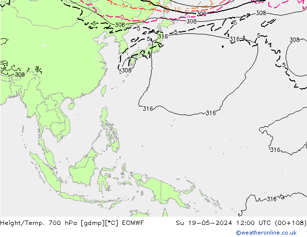 Hoogte/Temp. 700 hPa ECMWF zo 19.05.2024 12 UTC