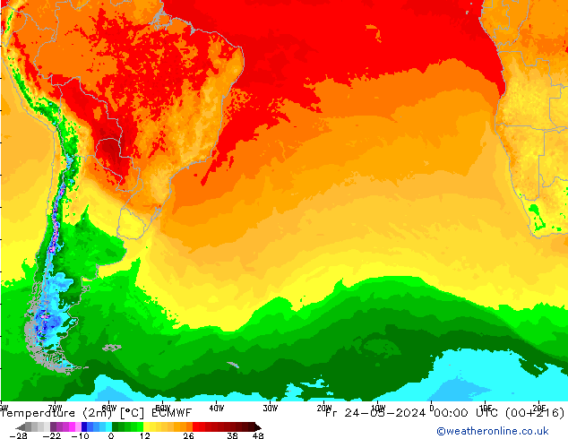 Temperatura (2m) ECMWF vie 24.05.2024 00 UTC