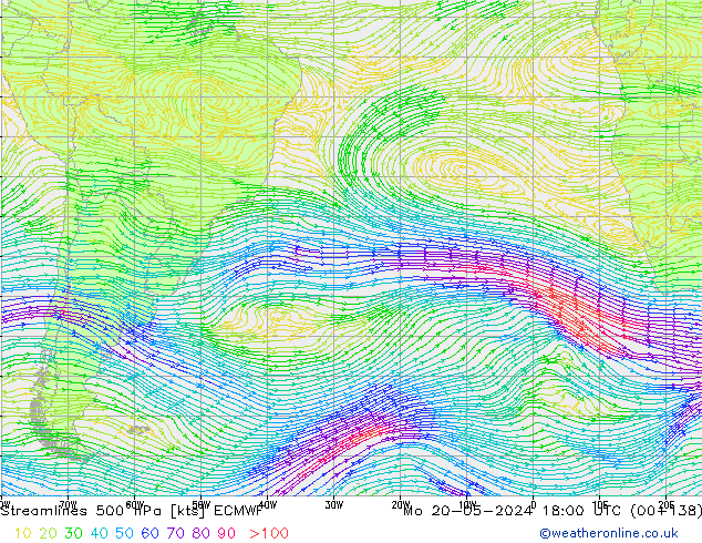 Linea di flusso 500 hPa ECMWF lun 20.05.2024 18 UTC