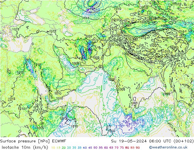 Izotacha (km/godz) ECMWF nie. 19.05.2024 06 UTC